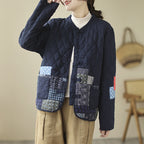 Sarah Express Women's Vintage Patch Cardigan Jacket Cotton-Padded Buckle Closure Rhombus Pattern Coat