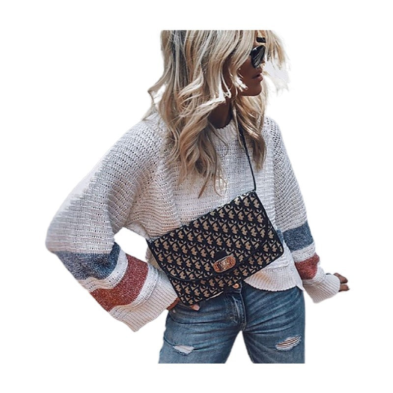 Sarah Express Striped Hollow-Out Pullover Sweater Long Sleeve Color Block Top