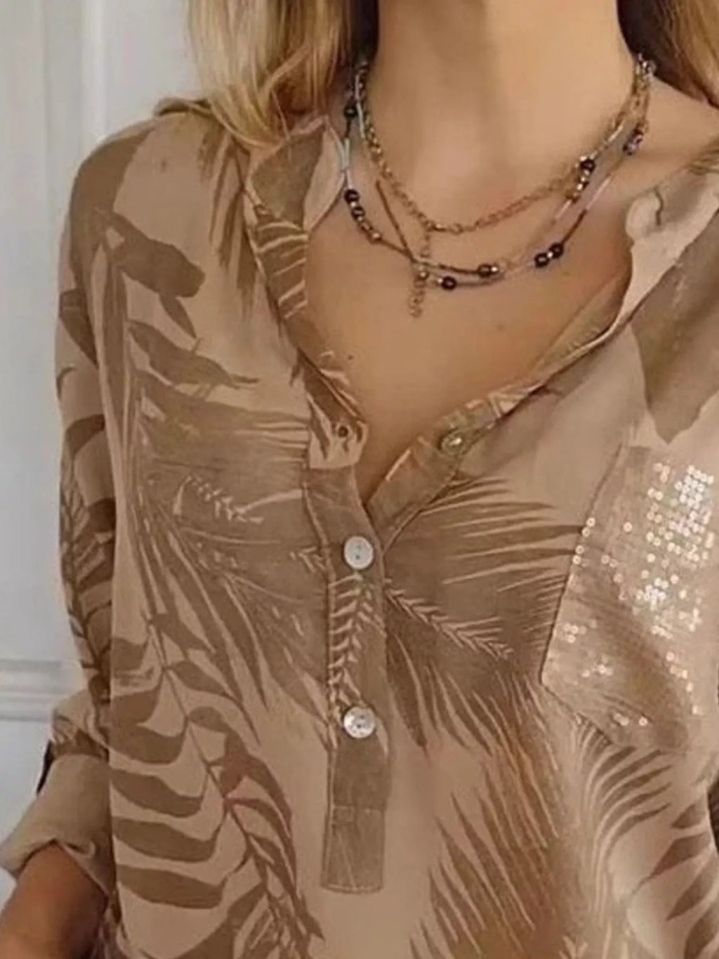 Sarah Express Women's Printed Button Detail Long Sleeve Blouse Plus Size