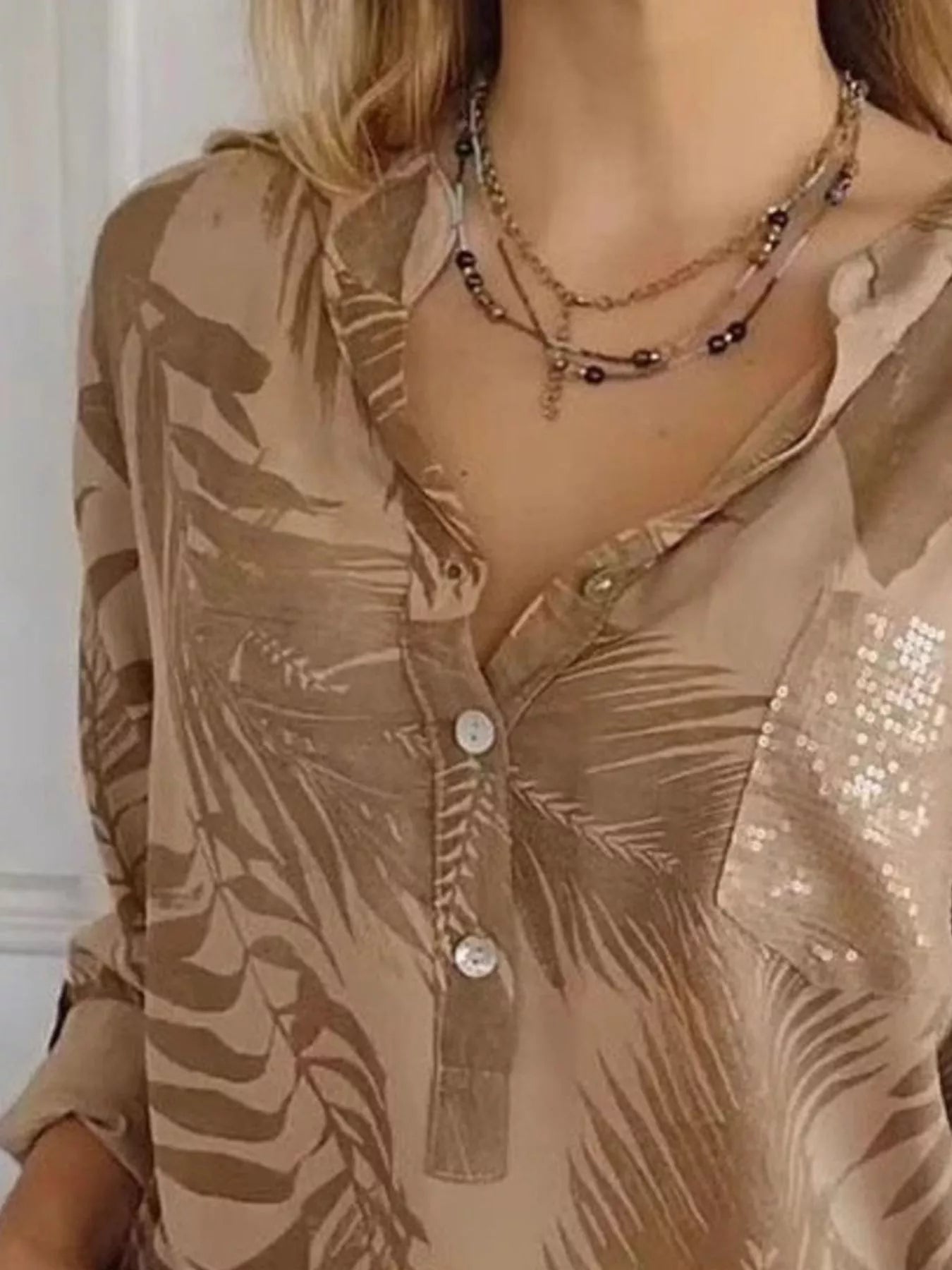 Sarah Express Women's Printed Button Detail Long Sleeve Blouse Plus Size