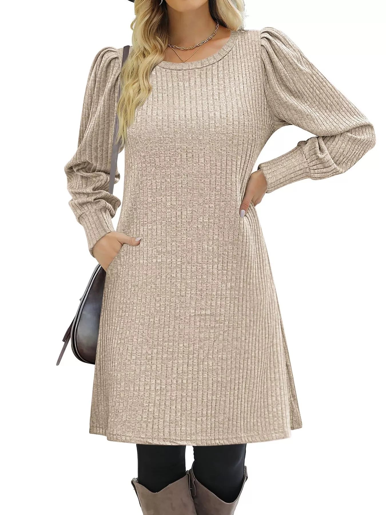 Sarah Express Women's Ribbed Knit Puff Sleeve Mini Dress Apricot