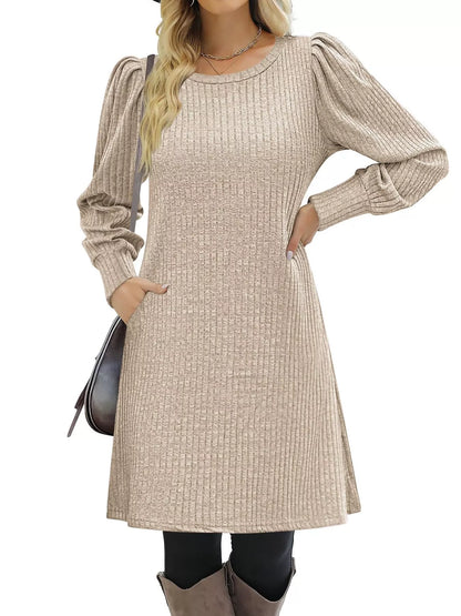 Sarah Express Women's Ribbed Knit Puff Sleeve Mini Dress Apricot