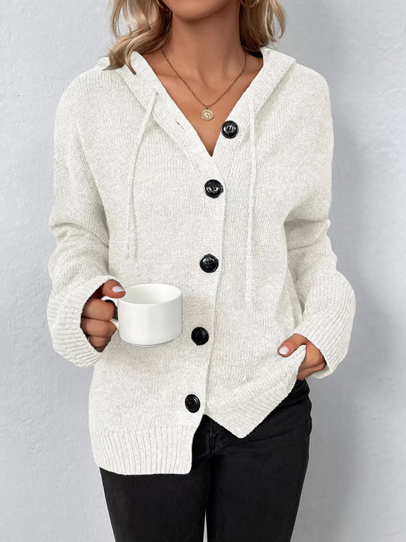 Sarah Express Women's Cozy Knit Hooded Button-Down Cardigan White