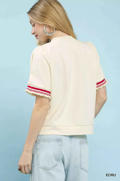 Sarah Express Women's Puff Sleeve Button Front Knit Top with Contrast Trim