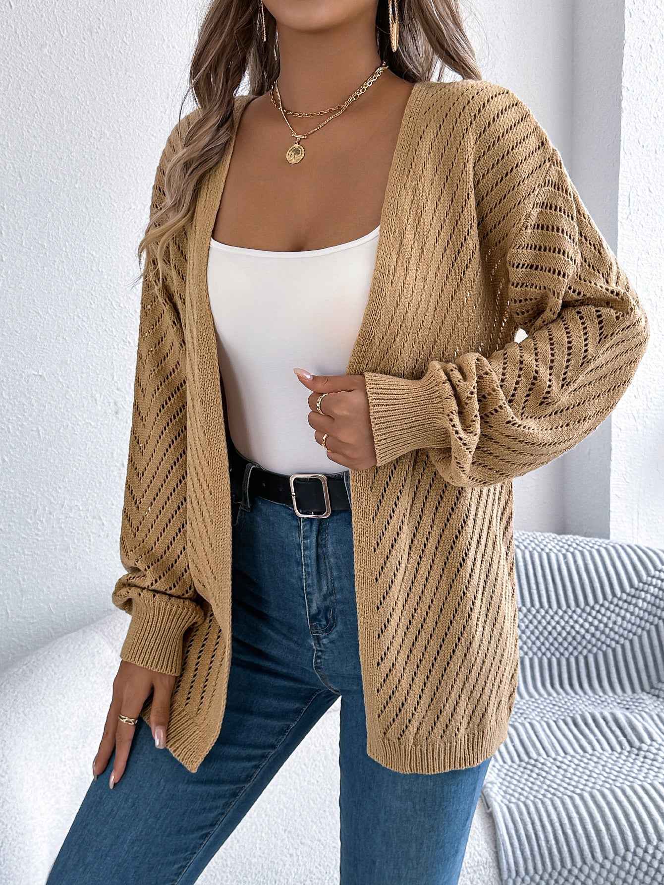 Sarah Express Women's Hollow Out Cardigan Sweater - Long Sleeve Knit Cardigan