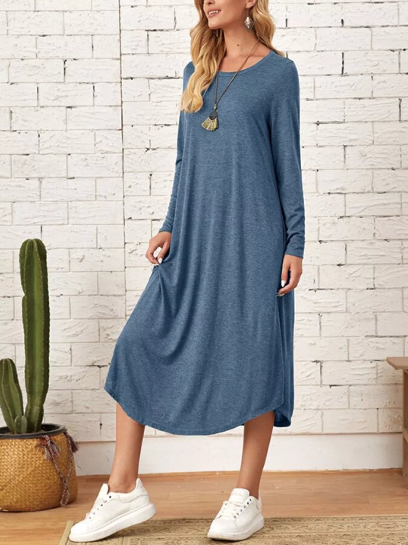 Sarah Express Women's Casual Long Sleeve Pocket Midi Dress