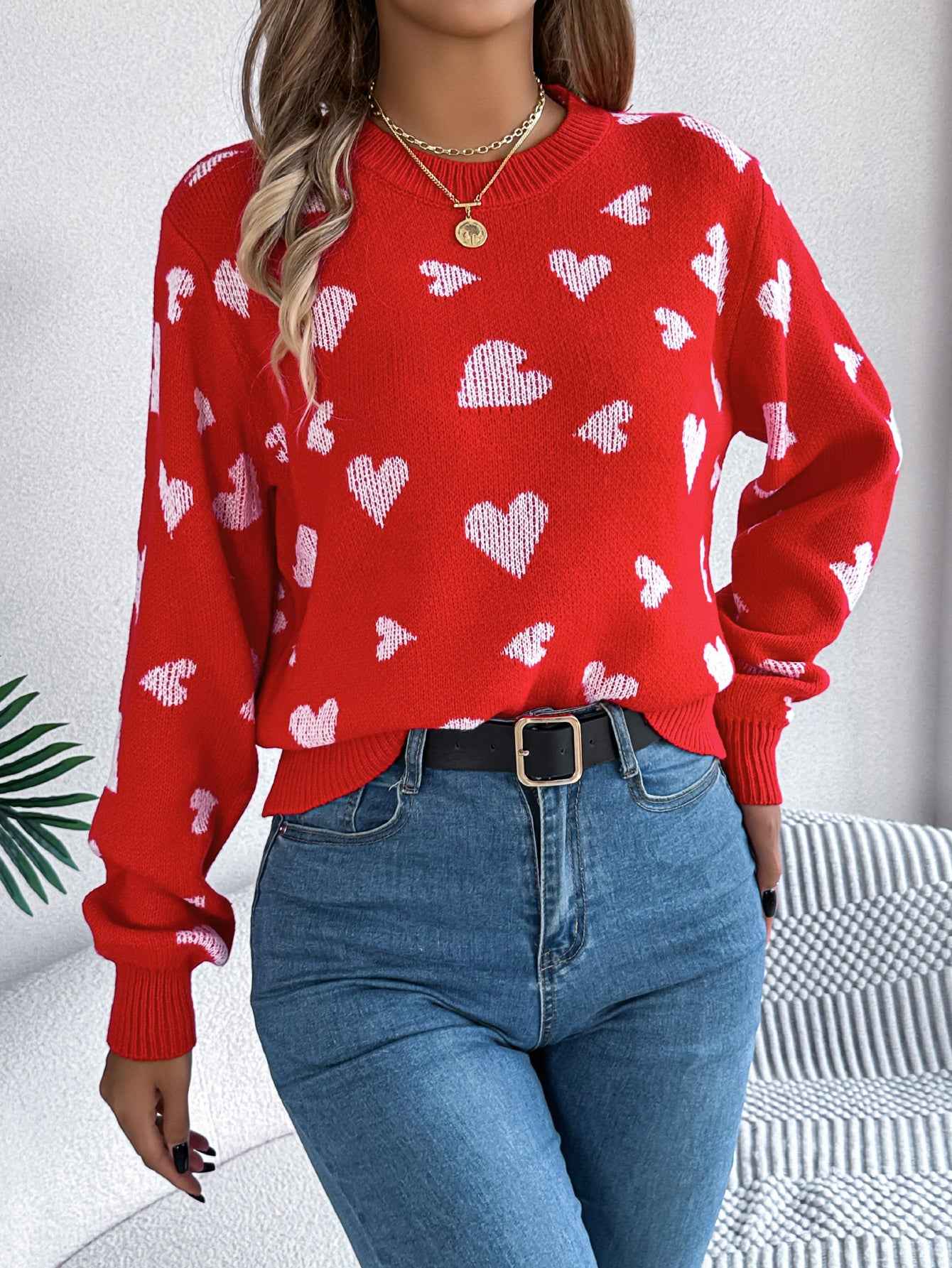 Sarah Express Women's Color Block Heart Lantern Sleeve Pullover Sweater - Casual Knitwear Red