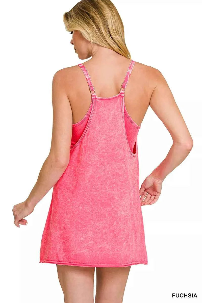 Sarah Express Women's Acid Wash Mini Dress with Built-In Romper Liner - Casual Pocketed T-Shirt Dress