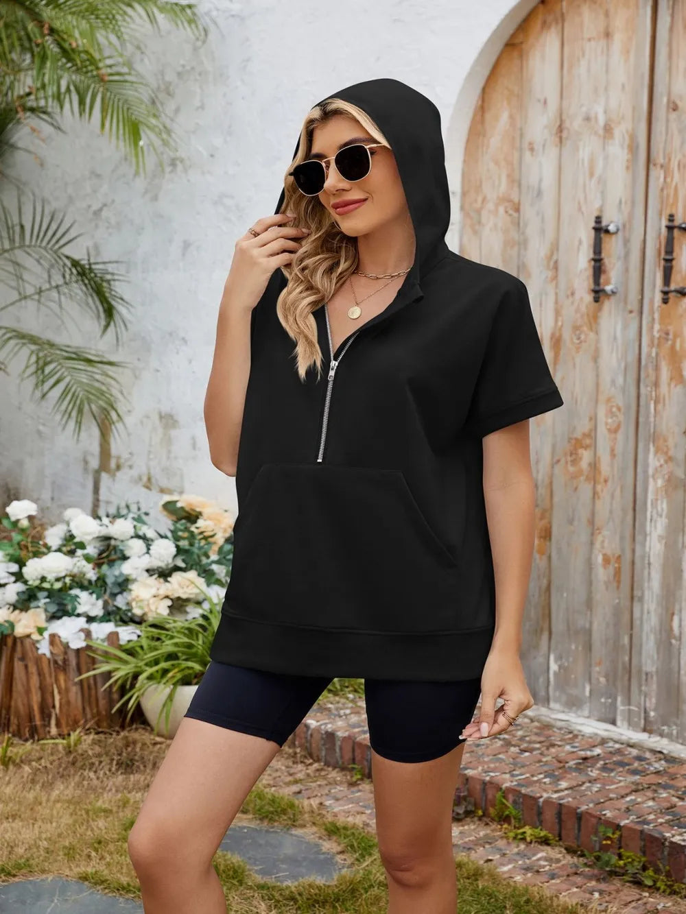 Sarah Express Women's Half Zip Short Sleeve Hooded Top Black