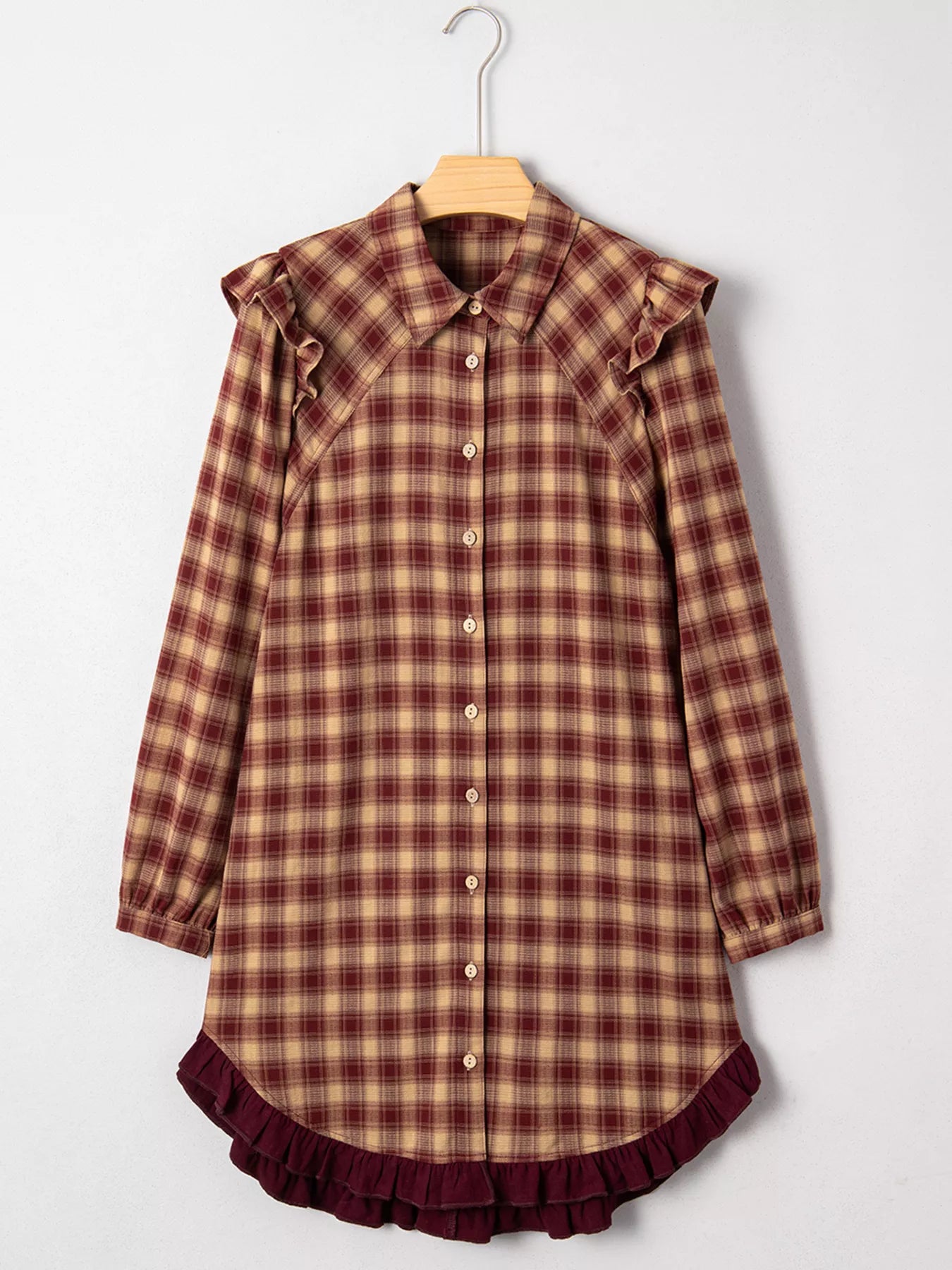 Sarah Express Women's Plaid Print Ruffled Mini Shirt Dress - Long Sleeve Button Front Patchwork Hem