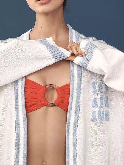 Sarah Express Women's Seashell Embroidered Open Front Cardigan