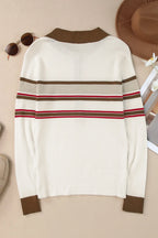 Sarah Express Women's Half Button Contrast Stripe Long Sleeve Knit Top