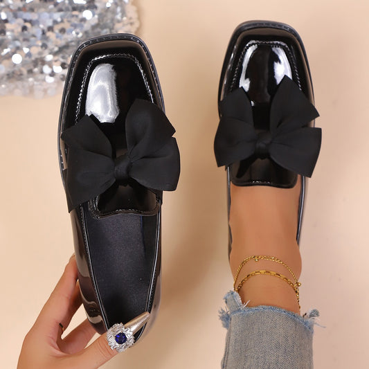 Sarah Express Elegant Black Bow Flats - Square Toe Slip-On Dress Shoes for Women