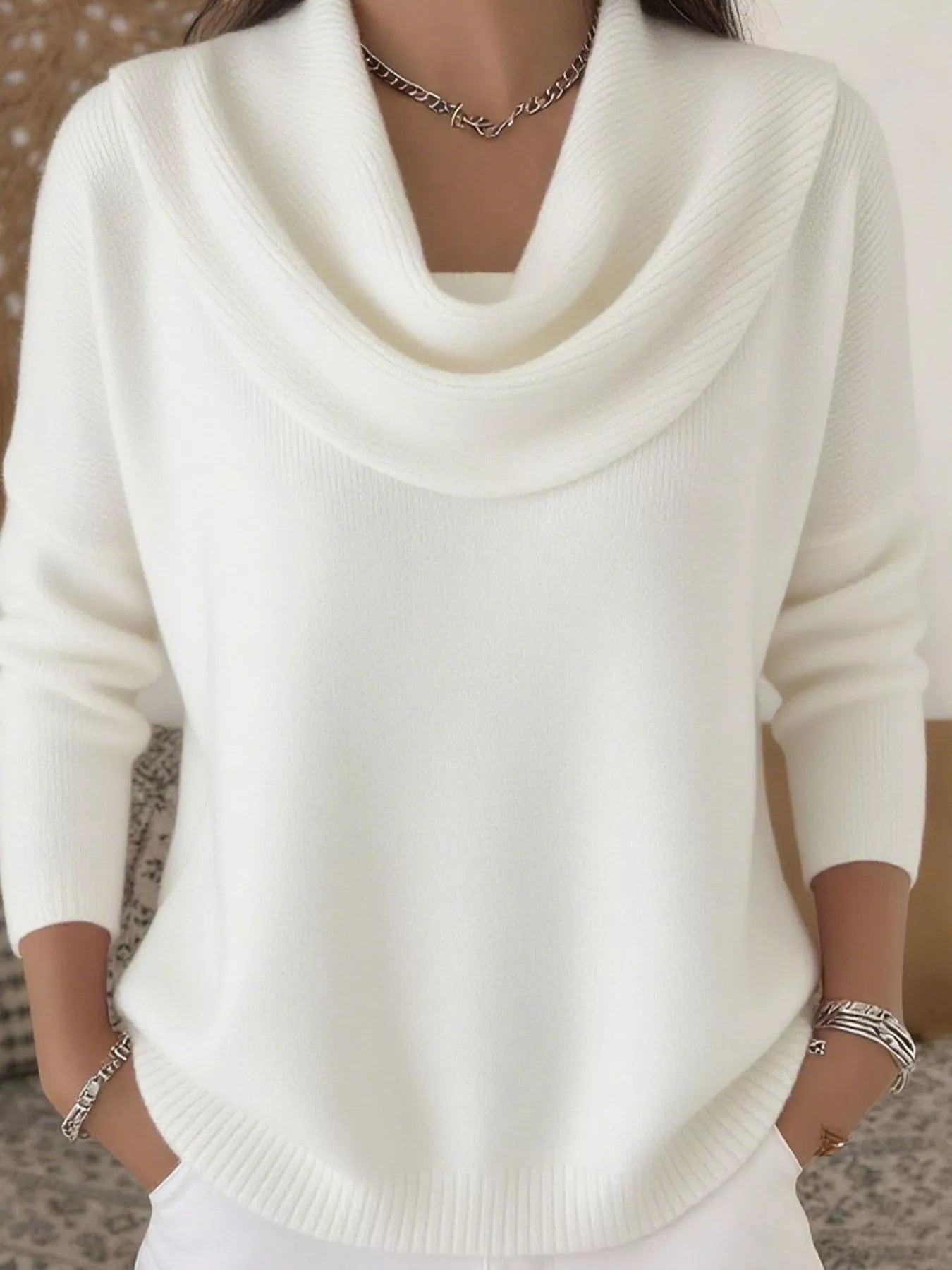 Sarah Express Women's Cowl Neck Solid Color Sweater Plus Size White