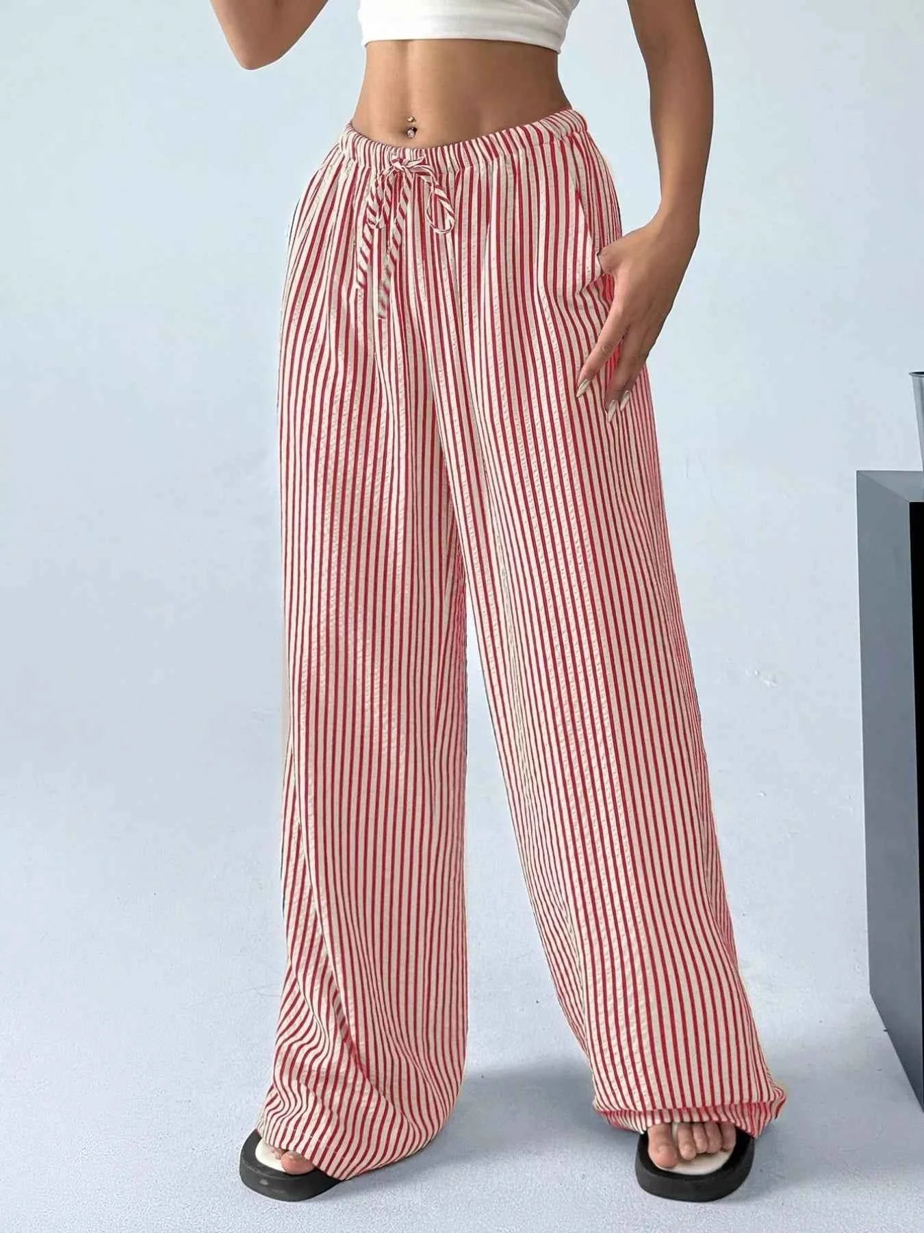 Sarah Express Women's Striped Wide Leg Pants with Drawstring Waist - Plus Size Available Red