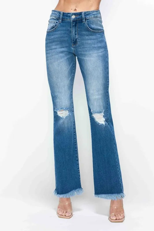 Sarah Express Women's High Rise Distressed Bootcut Jeans with Raw Hem - Vintage Denim