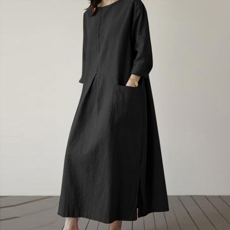 Sarah Express Women's Autumn Solid Color Elegant Cotton Dress Long Sleeve Wide Waist Basic Maxi Dress