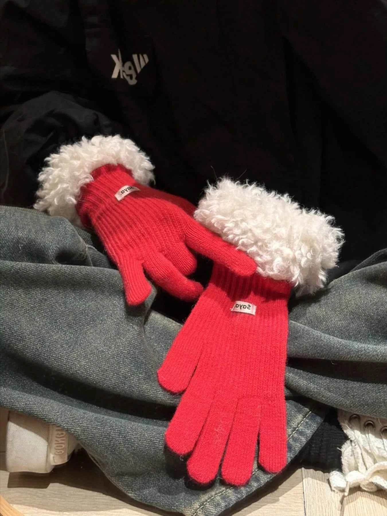 Sarah Express Women's Fuzzy Cuff Knitted Gloves - Warm Winter Cozy Soft Polyester Gloves Bright Red ONESIZE