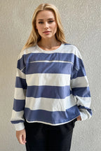Sarah Express Women's Pima Cotton Striped Long Sleeve T-Shirt - Exposed Seam Detail