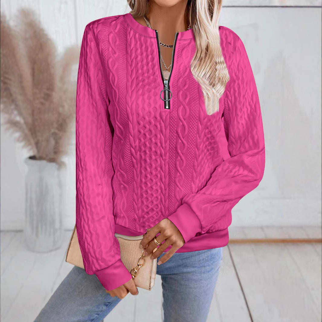 Sarah Express Women's Zipper Detail Long Sleeve Sweater Casual Loose Fit Pullover Top