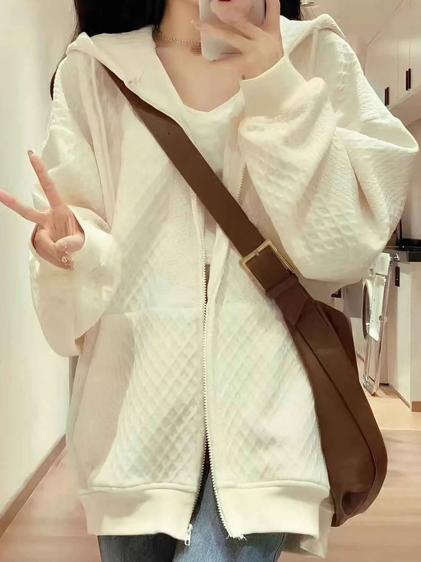 Sarah Express Women's Textured Knit Zip-Up Hoodie with Pockets - Drawstring Hooded Jacket