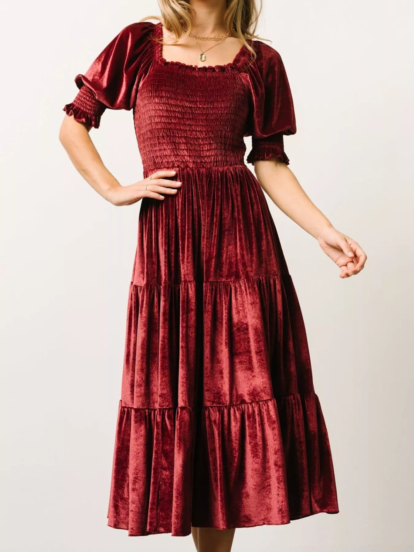 Sarah Express Women's Velvet Smocked Tiered Midi Dress Burgundy