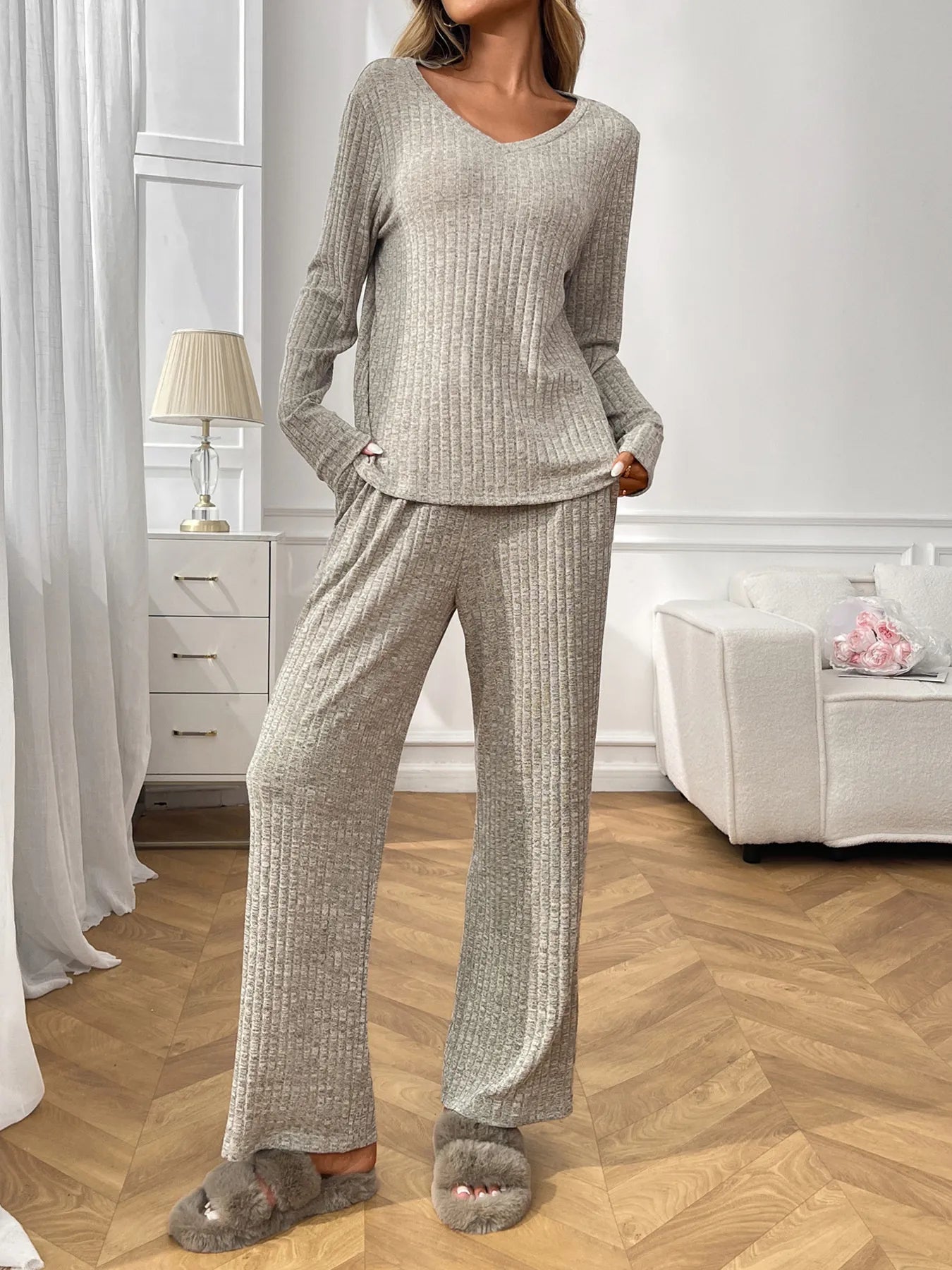 Sarah Express Women's Ribbed Long Sleeve Top and Pants Lounge Set
