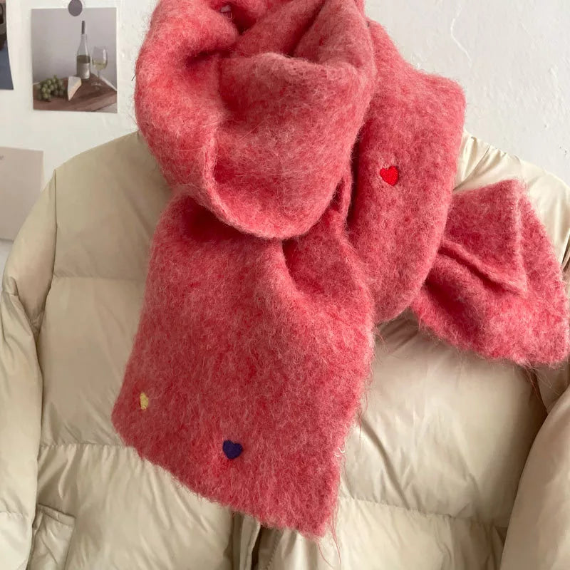 Sarah Express Women's Heart-Embellished Fuzzy Knit Scarf Watermelon Red One Size