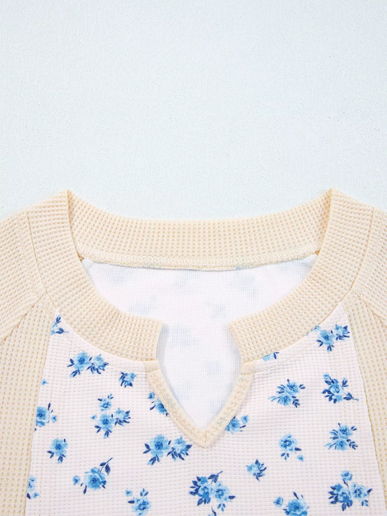 Sarah Express Women's Waffle Knit Floral Color Block Patchwork Balloon Sleeves Oversized Top