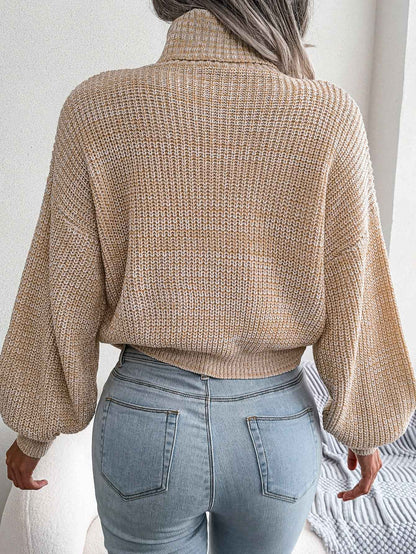 Sarah Express Women's Mixed Color Turtleneck Sweater - Lantern Sleeve Knit Pullover