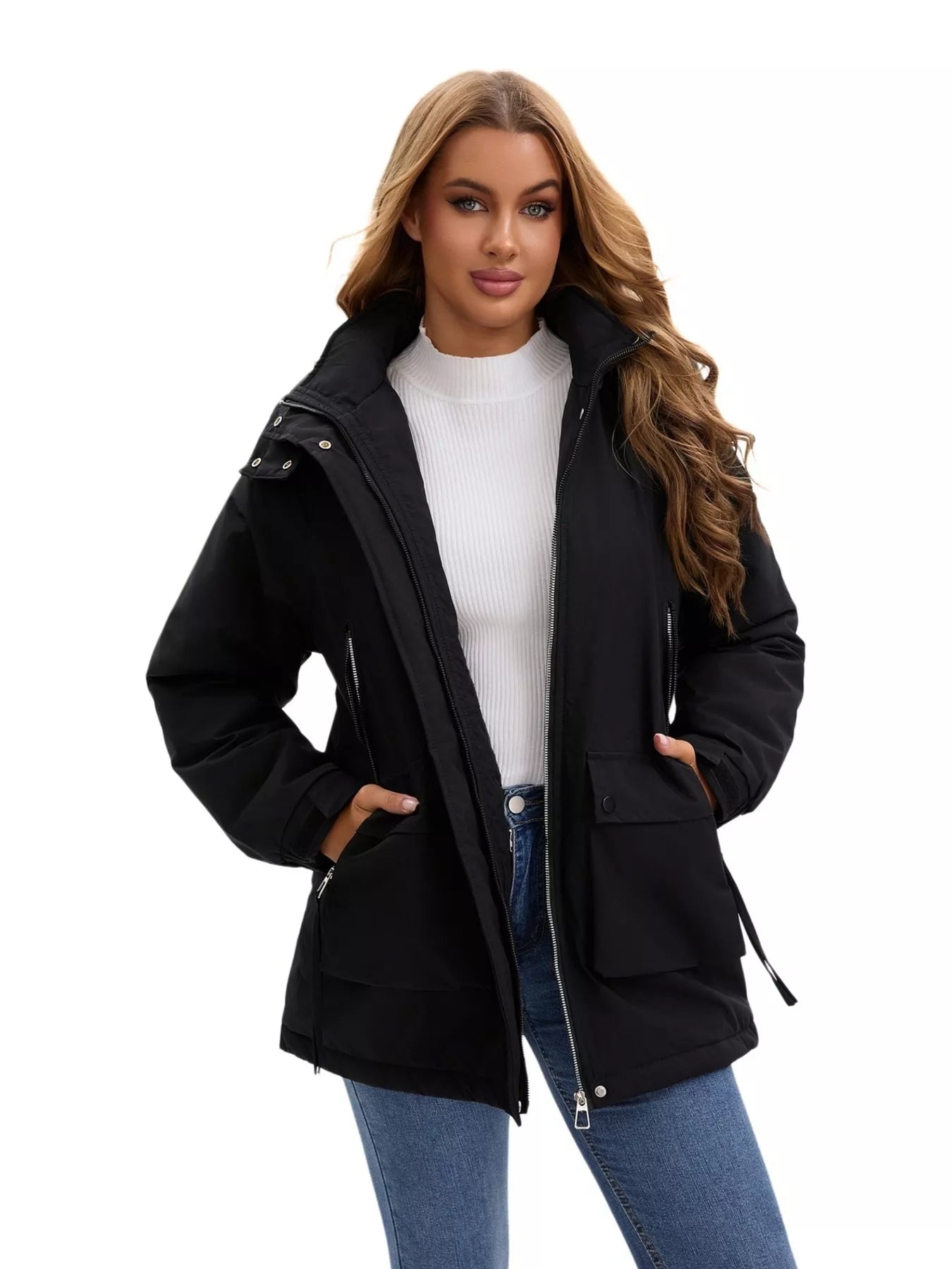 Sarah Express Women's Full Size Zip Up Hooded Parka Outerwear Black