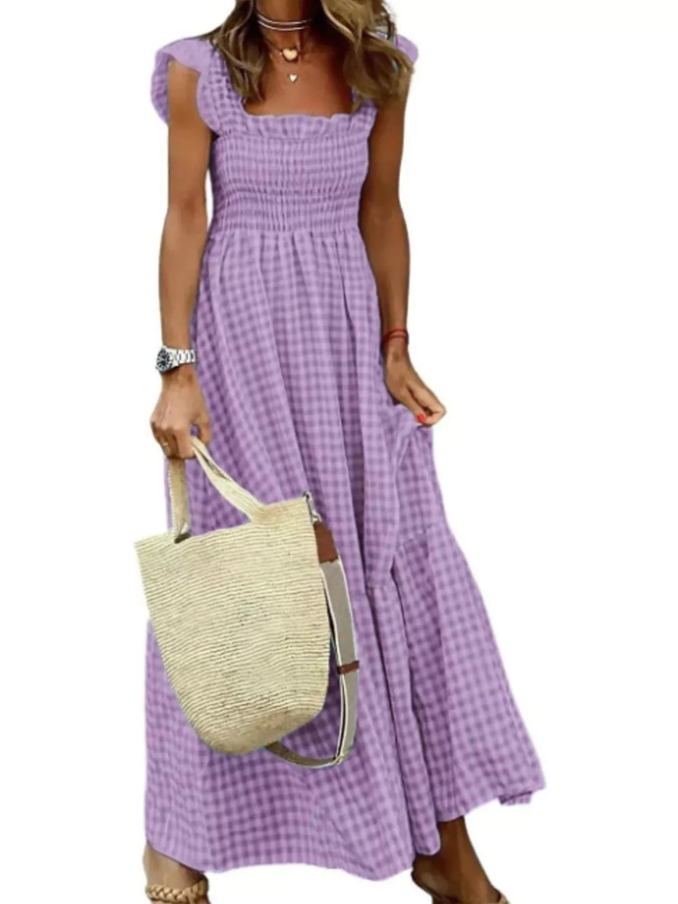 Sarah Express Women's Gingham Smocked Ruffle Maxi Dress Plus Size Added Purple
