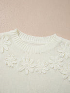 Sarah Express Women's Flower Detail Round Neck Puff Sleeve Sweater