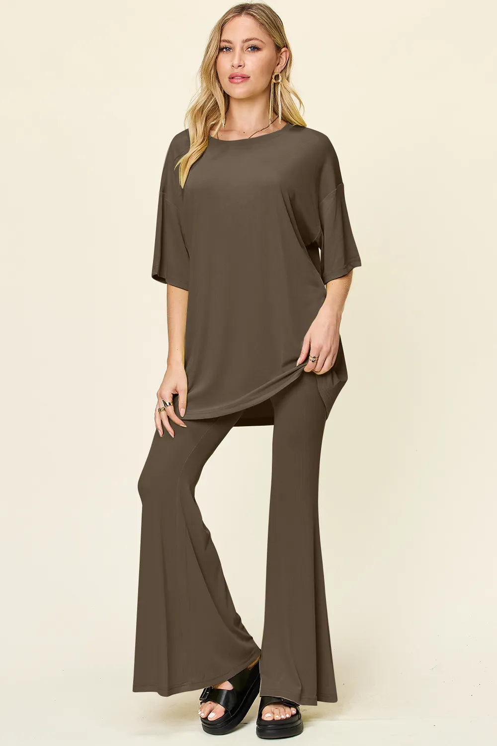 Sarah Express Women's Round Neck Drop Shoulder T-Shirt and Flare Pants Set Mocha