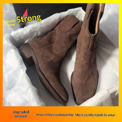 Sarah Express Women's Chunky Heel Ankle Boots – Slip-On Mid-Calf Block Heel Boots Brown