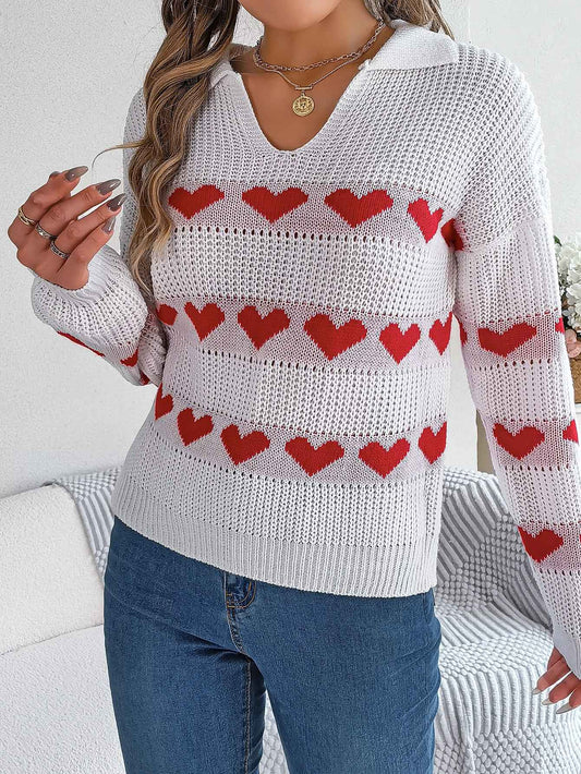 Sarah Express Women's V-Neck Heart Pullover Sweater - Lantern Sleeve Color Block Knit Top
