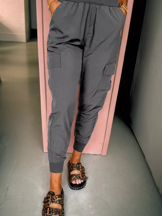 Sarah Express Women's Elastic High Waist Pocketed Cargo Jogger Pants Dark Gray