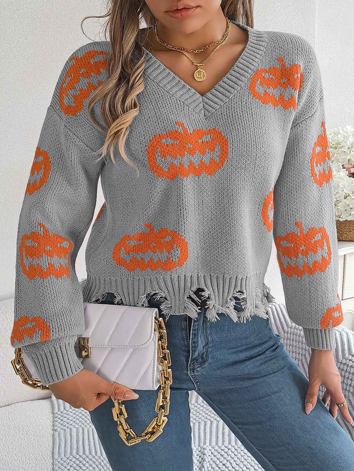 Sarah Express Women's Color Block Pumpkin Distressed Pullover Sweater Long Sleeve Knitwear