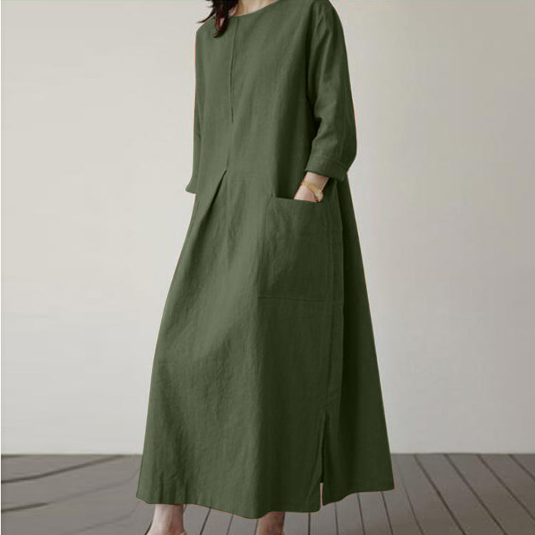 Sarah Express Women's Autumn Solid Color Elegant Cotton Dress Long Sleeve Wide Waist Basic Maxi Dress