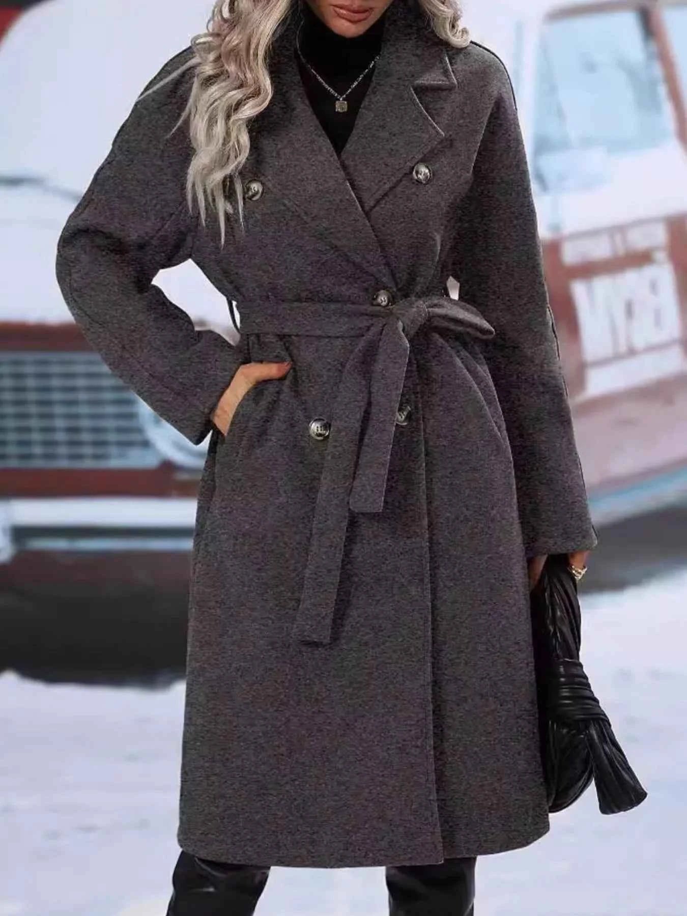 Sarah Express Women's Double-Breasted Tie Waist Coat - Belted Blazer Jacket Dark Gray