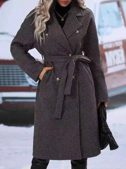 Sarah Express Women's Double-Breasted Tie Waist Coat - Belted Blazer Jacket Dark Gray