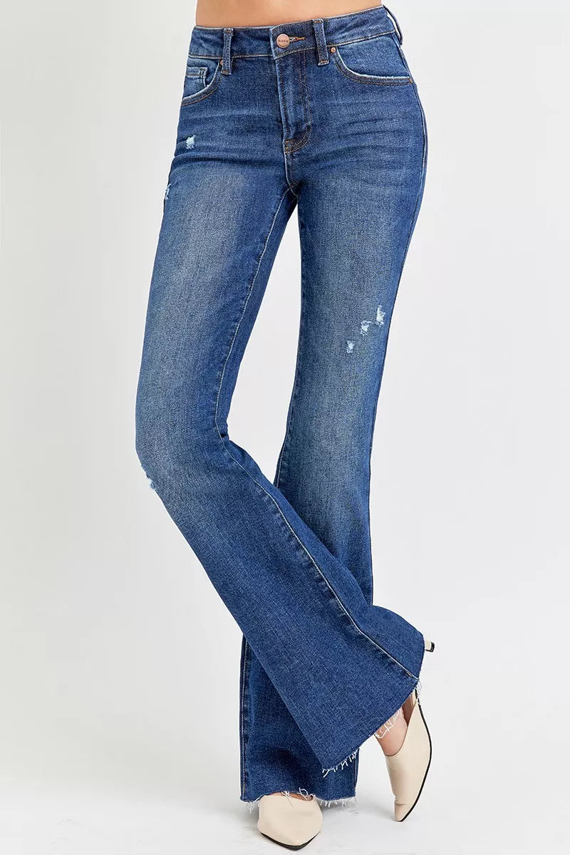 Sarah Express Women’s Plus Size Distressed Mid Rise Flare Jeans
