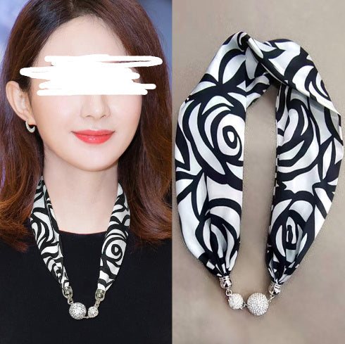 Sarah Express Magnetic Buckle Silk Scarf with Pearl Detail Women's Rectangular Necklace Scarf