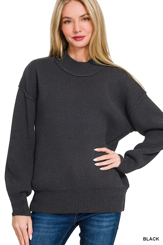 Sarah Express Women's Wide Neckband Drop Shoulder Sweater BLACK