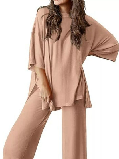 Sarah Express Women's Two Piece Slit Round Neck Top and Pants Set - Casual Loungewear Outfit Tan