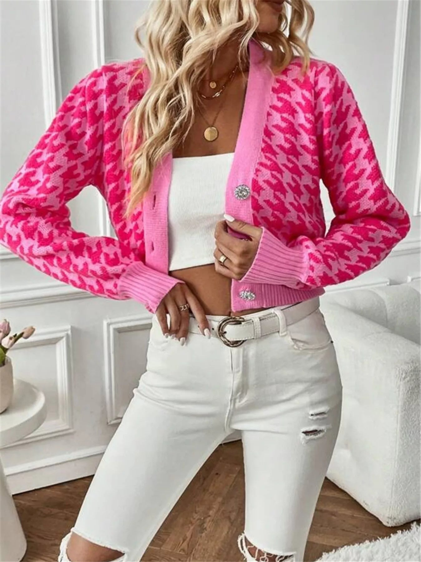 Sarah Express Women's Houndstooth V-Neck Button Up Cardigan Hot Pink