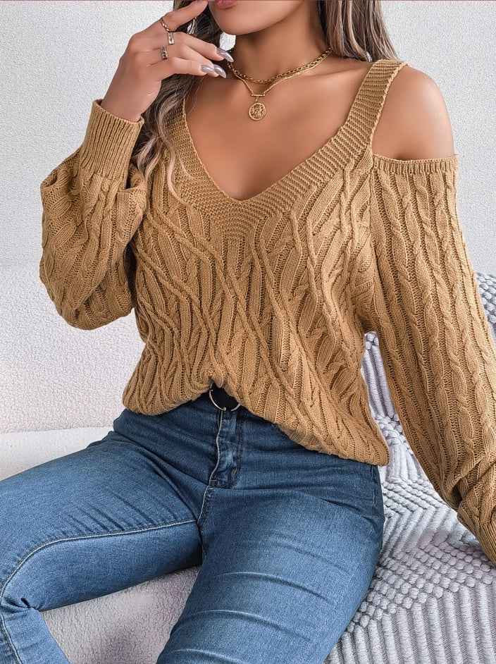 Sarah Express Women's Off-Shoulder Cable Knit Sweater - Casual Lantern Sleeve Pullover