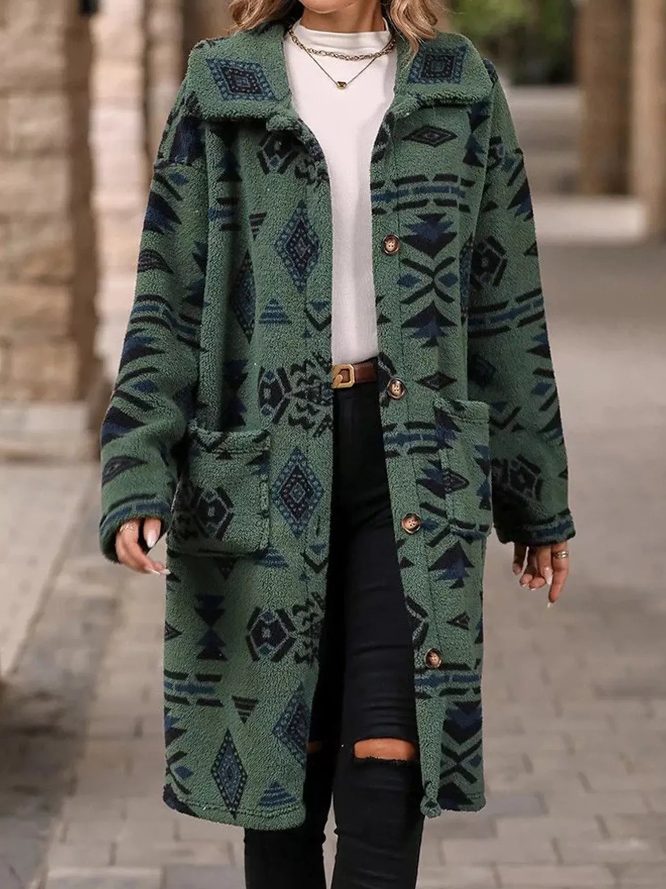 Sarah Express Women's Geometric Button Up Longline Coat - Oversized Trench Coat with Pockets Army Green