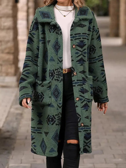 Sarah Express Women's Geometric Button Up Longline Coat - Oversized Trench Coat with Pockets Army Green