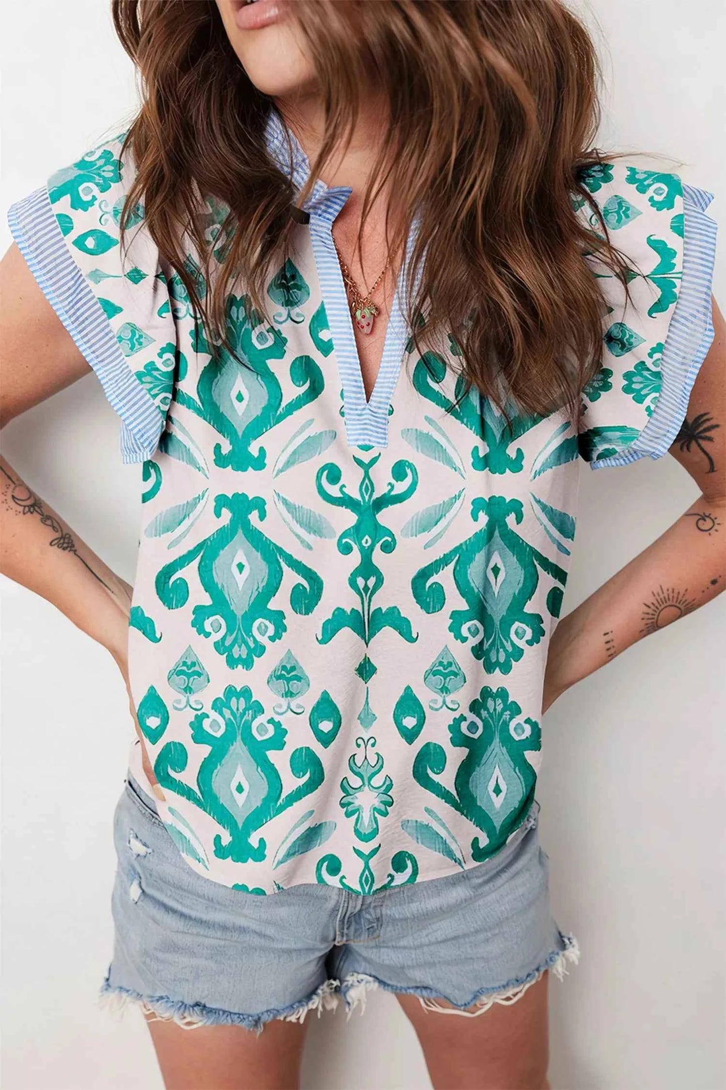 Sarah Express Women's Ethnic Print Striped Trim Flutter Sleeve Top